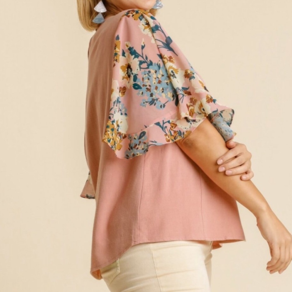 Umgee Floral Rose Mix Print Ruffle Short Sleeve Linen Blouse. NWT! Sz 1X - Picture 4 of 11